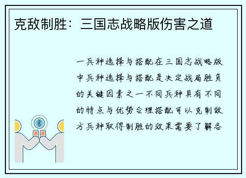 克敌制胜：三国志战略版伤害之道